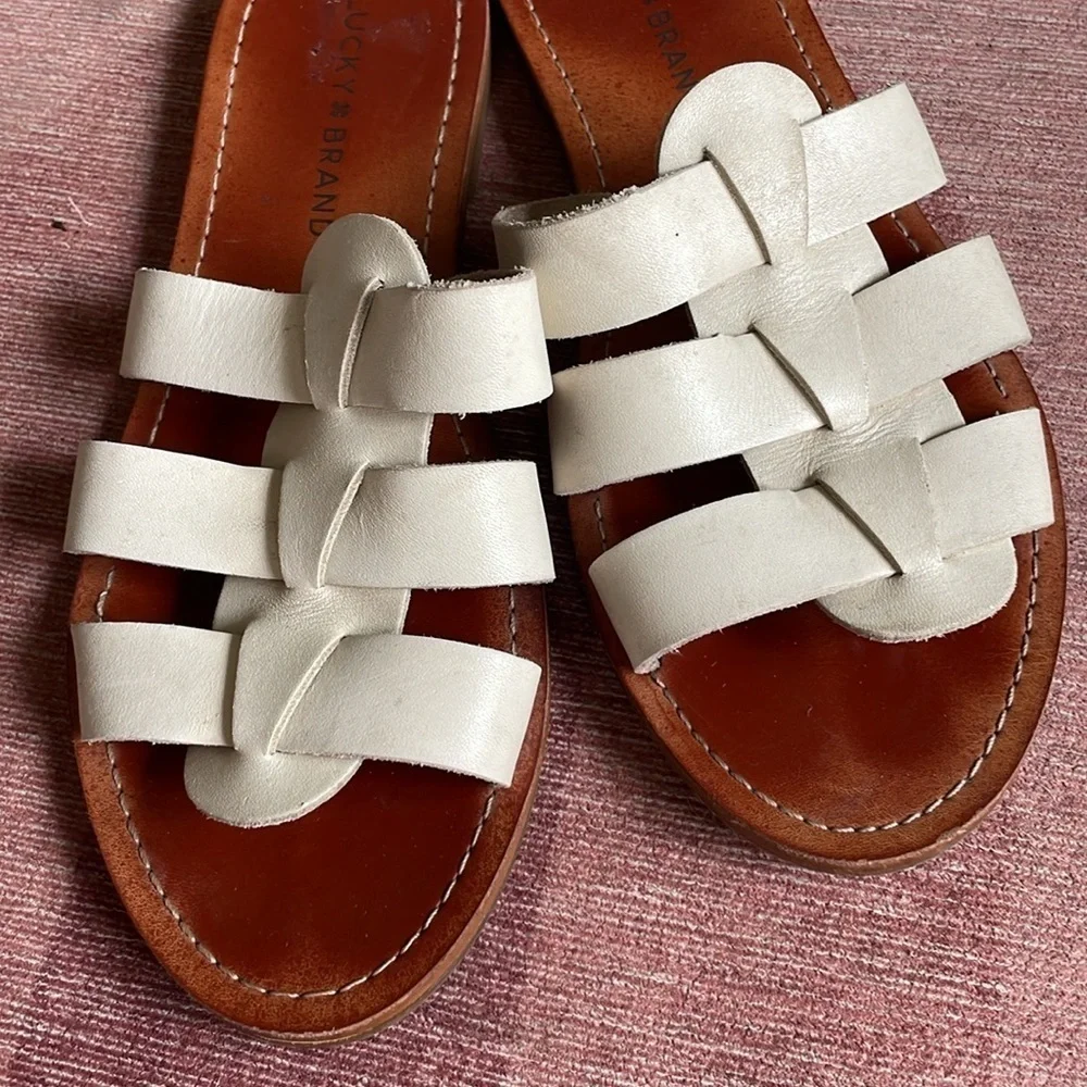 Lucky Brand Aisha Cream Woven Boho Leather Slide Sandals